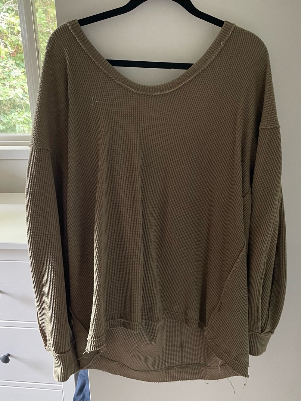 We The Free Olive-Tan Waffle Knit Scoop Neck top
